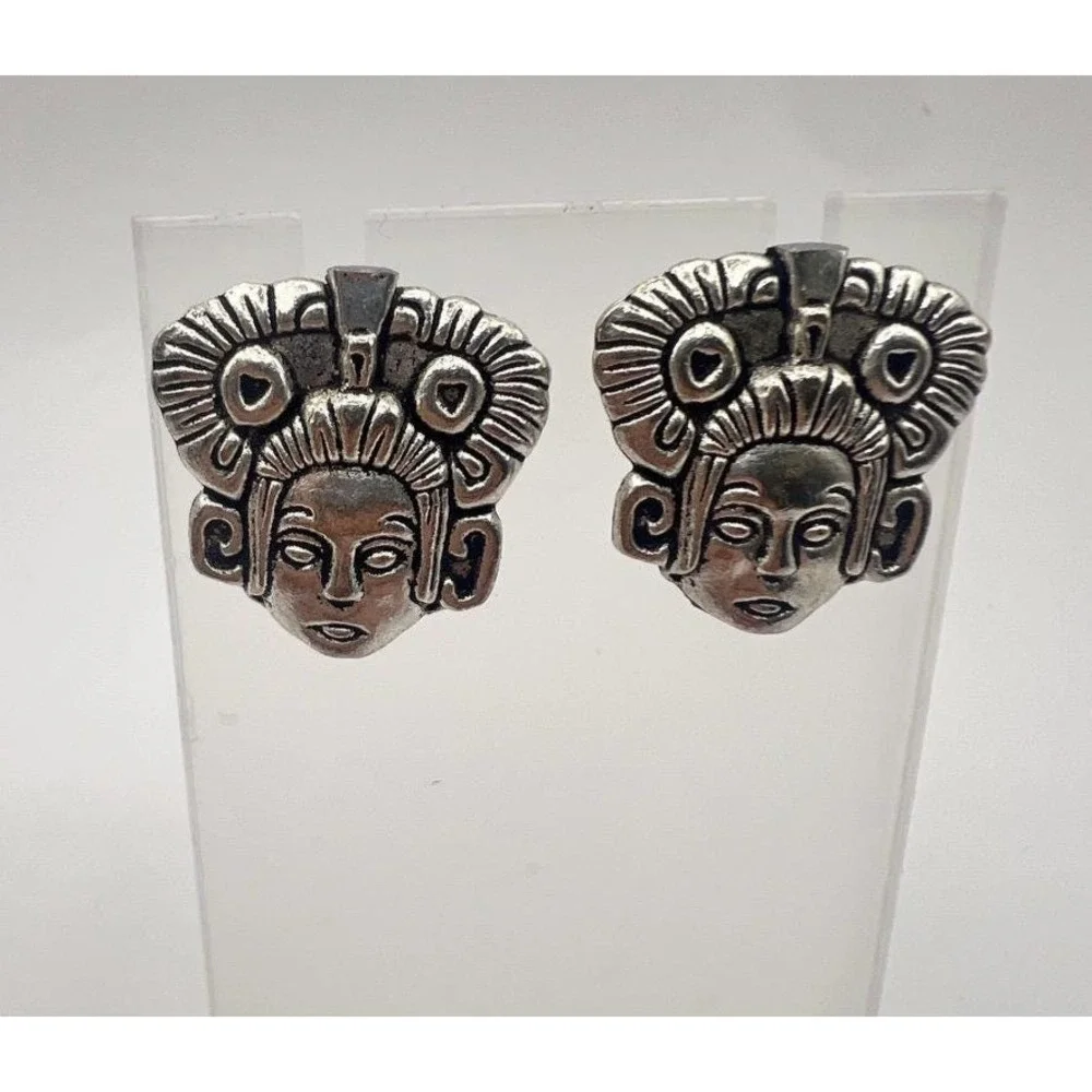 Sculptural Tribal Face Earrings Silver Pierced Posts Statement Bold Ethnic Vibe